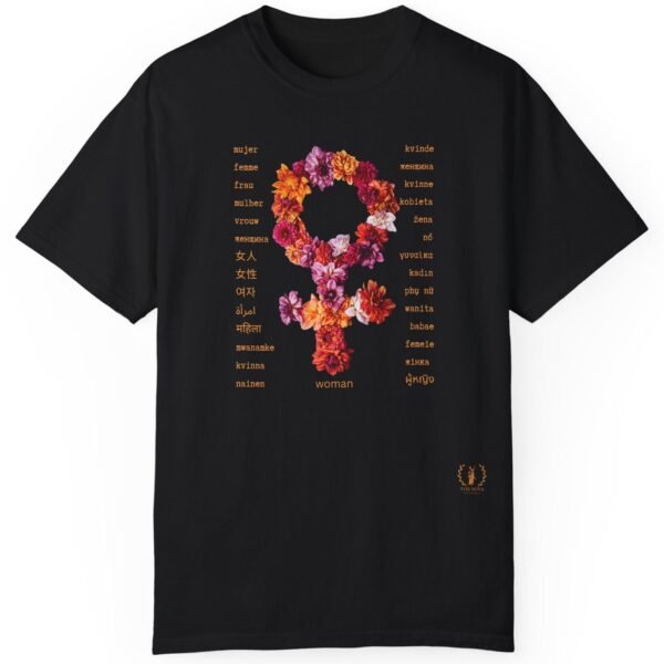 Woman in 29 languages - The World of Woman: A Global Celebration Tee 💐🌸💮🪷🌹🌺🌻🌼🌷🪻- Front and Back Printed Premium T-shirt