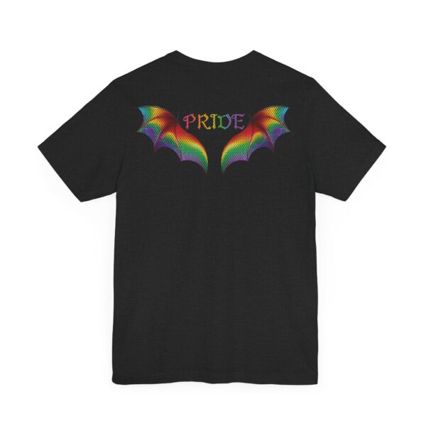 Front & Back Art - Goth Pride Vibes!🖤 🏳️‍🌈 🪽Rainbow gradient wings on the back, stacked "PRIDE" text on the front—this tee screams bold self-expression - Super Soft Premium T-shirt Bella+Canvas - Unisex Jersey Short Sleeve Tee - Image 2