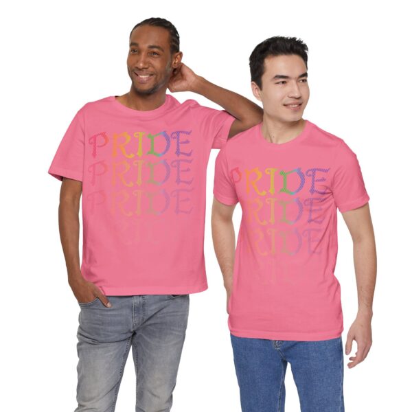 Front & Back Art - Goth Pride Vibes!🖤 🏳️‍🌈 🪽Rainbow gradient wings on the back, stacked "PRIDE" text on the front—this tee screams bold self-expression - Super Soft Premium T-shirt Bella+Canvas - Unisex Jersey Short Sleeve Tee - Image 22