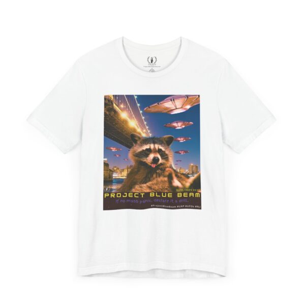 Project Blue Beam Raccoon (date + caption)🚀👽🦝 - Unisex Jersey Short Sleeve Tee - Image 3
