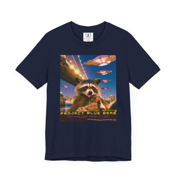 Project Blue Beam Raccoon (date + caption)🚀👽🦝 - Unisex Jersey Short Sleeve Tee - Image 7