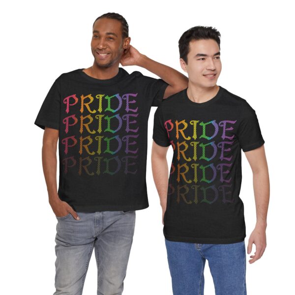 Front & Back Art - Goth Pride Vibes!🖤 🏳️‍🌈 🪽Rainbow gradient wings on the back, stacked "PRIDE" text on the front—this tee screams bold self-expression - Super Soft Premium T-shirt Bella+Canvas - Unisex Jersey Short Sleeve Tee - Image 7