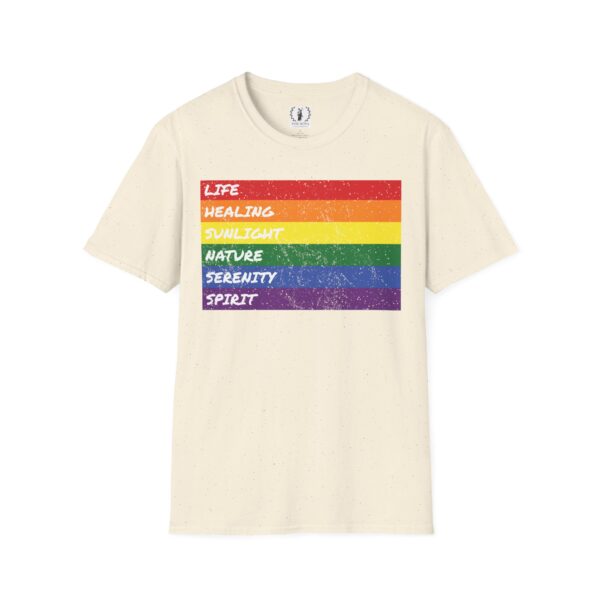 LGBTQ Flag Pride Design with Colors Meaning T-Shirt 🏳️‍🌈🌈🍭🏳️‍⚧️ -  | Distressed Rainbow Stripes Horizontal - Unisex Premium Gildan 64000 Softstyle T-Shirt - Image 3