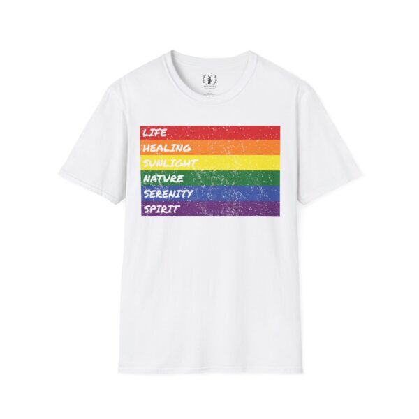 LGBTQ Flag Pride Design with Colors Meaning T-Shirt 🏳️‍🌈🌈🍭🏳️‍⚧️ -  | Distressed Rainbow Stripes Horizontal - Unisex Premium Gildan 64000 Softstyle T-Shirt - Image 2
