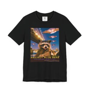 Project Blue Beam Raccoon (date + caption)🚀👽🦝 - Unisex Jersey Short Sleeve Tee