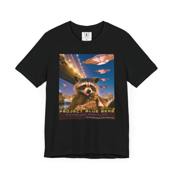 Project Blue Beam Raccoon (date + caption)🚀👽🦝 - Unisex Jersey Short Sleeve Tee