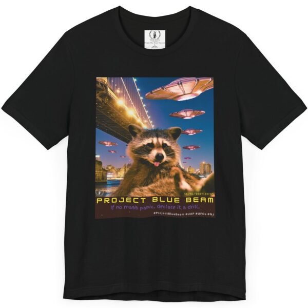 Project Blue Beam Raccoon (date + caption)🚀👽🦝 - Unisex Premium Super Soft Jersey Short Sleeve Tee