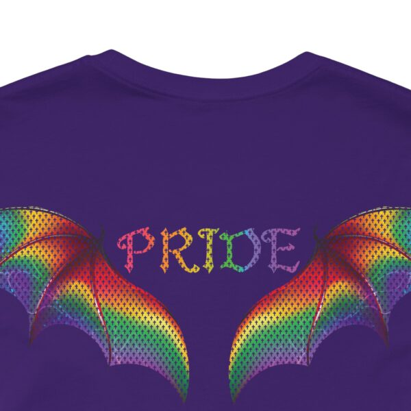 Front & Back Art - Goth Pride Vibes!🖤 🏳️‍🌈 🪽Rainbow gradient wings on the back, stacked "PRIDE" text on the front—this tee screams bold self-expression - Super Soft Premium T-shirt Bella+Canvas - Unisex Jersey Short Sleeve Tee - Image 12