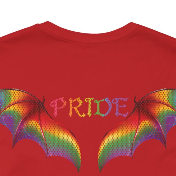 Front & Back Art - Goth Pride Vibes!🖤 🏳️‍🌈 🪽Rainbow gradient wings on the back, stacked "PRIDE" text on the front—this tee screams bold self-expression - Super Soft Premium T-shirt Bella+Canvas - Unisex Jersey Short Sleeve Tee - Image 25