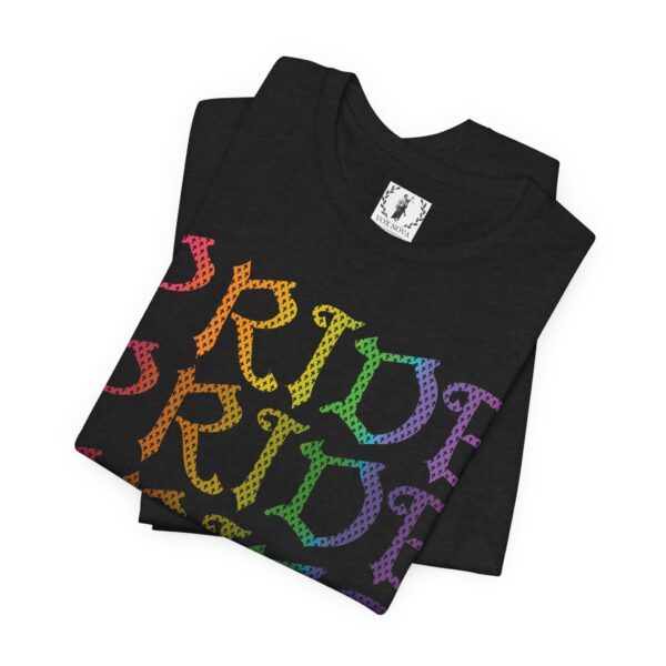 Front & Back Art - Goth Pride Vibes!🖤 🏳️‍🌈 🪽Rainbow gradient wings on the back, stacked "PRIDE" text on the front—this tee screams bold self-expression - Super Soft Premium T-shirt Bella+Canvas - Unisex Jersey Short Sleeve Tee - Image 3