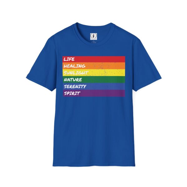 LGBTQ Flag Pride Design with Colors Meaning T-Shirt 🏳️‍🌈🌈🍭🏳️‍⚧️ -  | Distressed Rainbow Stripes Horizontal - Unisex Premium Gildan 64000 Softstyle T-Shirt - Image 5