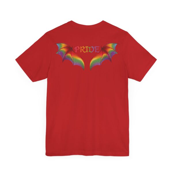 Front & Back Art - Goth Pride Vibes!🖤 🏳️‍🌈 🪽Rainbow gradient wings on the back, stacked "PRIDE" text on the front—this tee screams bold self-expression - Super Soft Premium T-shirt Bella+Canvas - Unisex Jersey Short Sleeve Tee - Image 24