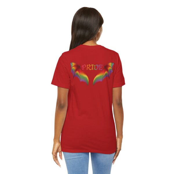 Front & Back Art - Goth Pride Vibes!🖤 🏳️‍🌈 🪽Rainbow gradient wings on the back, stacked "PRIDE" text on the front—this tee screams bold self-expression - Super Soft Premium T-shirt Bella+Canvas - Unisex Jersey Short Sleeve Tee - Image 26