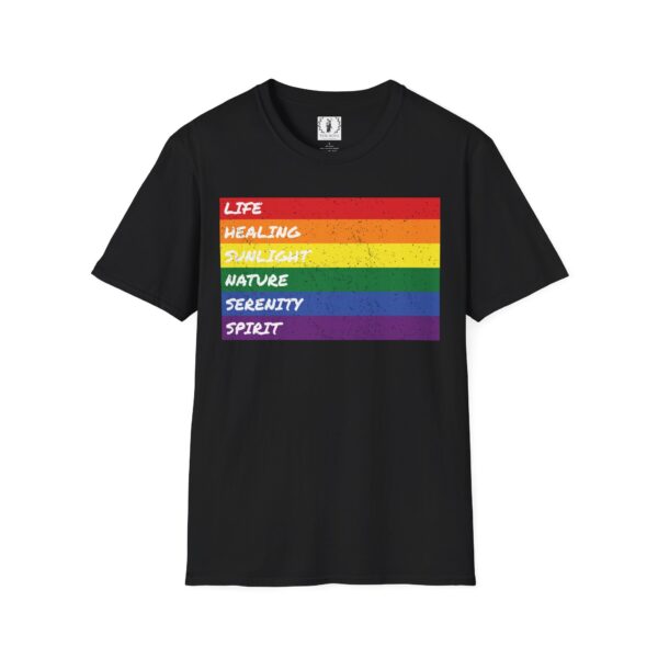 LGBTQ Flag Pride Design with Colors Meaning T-Shirt 🏳️‍🌈🌈🍭🏳️‍⚧️ -  | Distressed Rainbow Stripes Horizontal - Unisex Premium Gildan 64000 Softstyle T-Shirt
