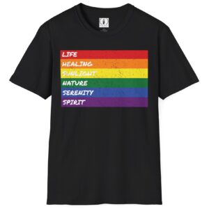 LGBTQ Flag Pride Design with Colors Meaning T-Shirt 🏳️‍🌈🌈🍭🏳️‍⚧️ -  | Distressed Rainbow Stripes Horizontal - Unisex Premium Gildan 64000 Softstyle T-Shirt