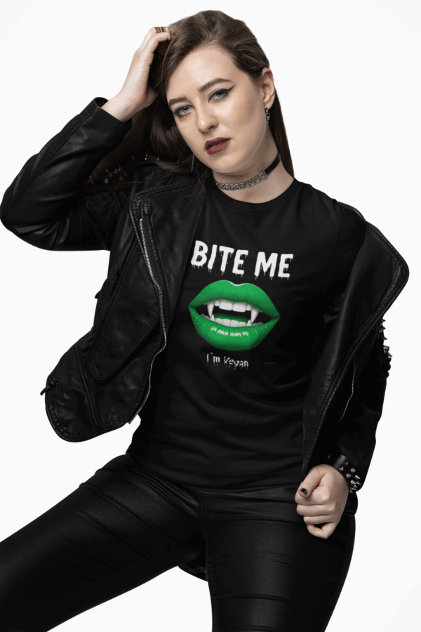 "Bite Me I'm Vegan" 🌱🌿 Premium Slim Fit Women's T-Shirt Bella Canvas 6004 Goth Vegan Shirt Ethical Fashion Gift - Image 6