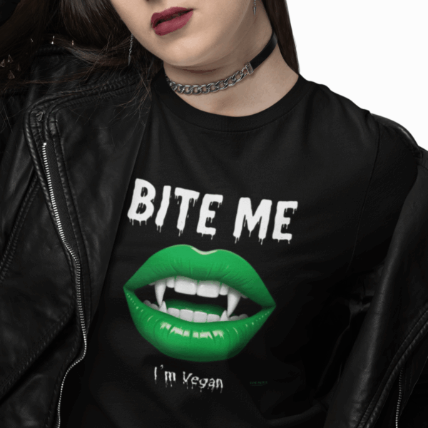 "Bite Me I'm Vegan" 🌱🌿 Premium Slim Fit Women's T-Shirt Bella Canvas 6004 Goth Vegan Shirt Ethical Fashion Gift - Image 5