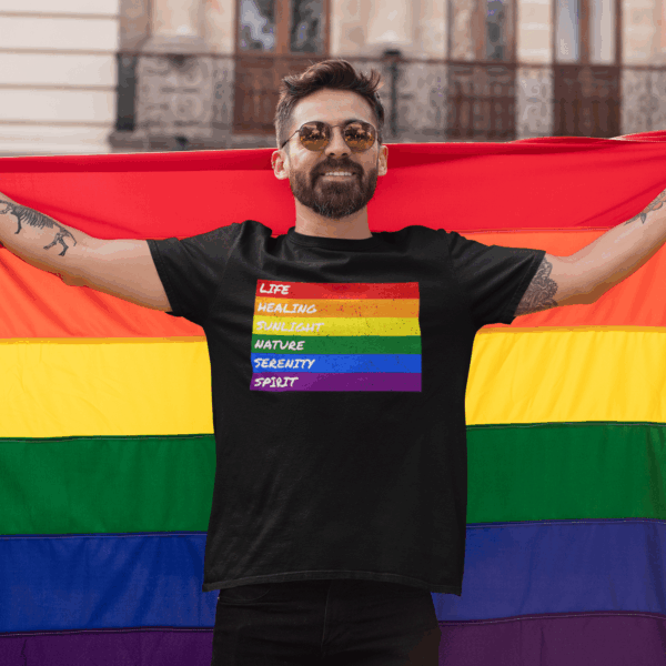 LGBTQ Flag Pride Design with Colors Meaning T-Shirt 🏳️‍🌈🌈🍭🏳️‍⚧️ -  | Distressed Rainbow Stripes Horizontal - Unisex Premium Gildan 64000 Softstyle T-Shirt - Image 8