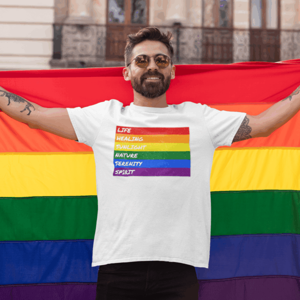 LGBTQ Flag Pride Design with Colors Meaning T-Shirt 🏳️‍🌈🌈🍭🏳️‍⚧️ -  | Distressed Rainbow Stripes Horizontal - Unisex Premium Gildan 64000 Softstyle T-Shirt - Image 9