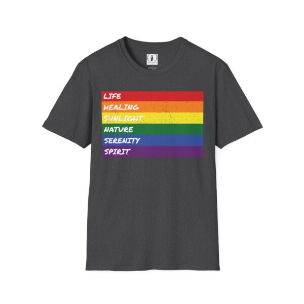 LGBTQ Flag Pride Design with Colors Meaning T-Shirt 🏳️‍🌈🌈🍭🏳️‍⚧️ -  | Distressed Rainbow Stripes Horizontal - Unisex Premium Gildan 64000 Softstyle T-Shirt - Image 4