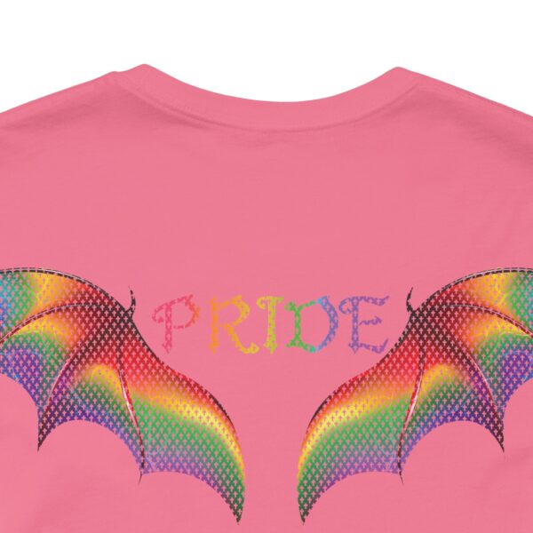 Front & Back Art - Goth Pride Vibes!🖤 🏳️‍🌈 🪽Rainbow gradient wings on the back, stacked "PRIDE" text on the front—this tee screams bold self-expression - Super Soft Premium T-shirt Bella+Canvas - Unisex Jersey Short Sleeve Tee - Image 19