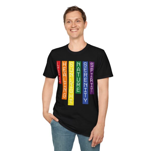 LGBTQ Flag Colors T-Shirt - Pride Design with Meaning | Rainbow Stripes 🌈 🏳️‍🌈✨ - Unisex Premium Softstyle T-Shirt - Image 2