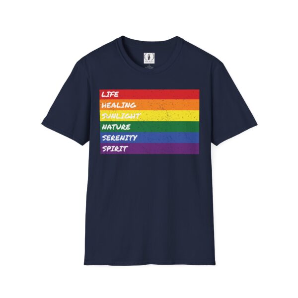 LGBTQ Flag Pride Design with Colors Meaning T-Shirt 🏳️‍🌈🌈🍭🏳️‍⚧️ -  | Distressed Rainbow Stripes Horizontal - Unisex Premium Gildan 64000 Softstyle T-Shirt - Image 6