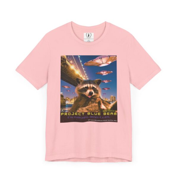 Project Blue Beam Raccoon (date + caption)🚀👽🦝 - Unisex Jersey Short Sleeve Tee - Image 8
