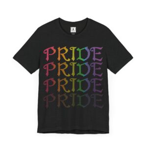 Front & Back Art - Goth Pride Vibes!🖤 🏳️‍🌈 🪽Rainbow gradient wings on the back, stacked "PRIDE" text on the front—this tee screams bold self-expression - Super Soft Premium T-shirt Bella+Canvas - Unisex Jersey Short Sleeve Tee