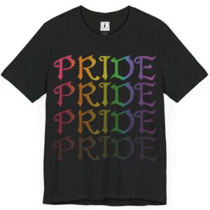 Front & Back Art - Goth Pride & Wings🖤 🏳️‍🌈 🪽Rainbow gradient wings on the back, stacked "PRIDE" text on the front—this tee screams bold self-expression - Super Soft Premium T-shirt Bella+Canvas - Unisex Jersey Short Sleeve Tee