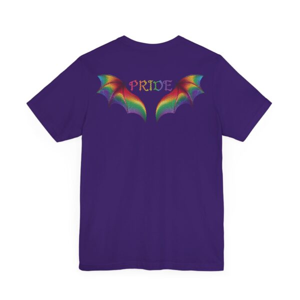 Front & Back Art - Goth Pride Vibes!🖤 🏳️‍🌈 🪽Rainbow gradient wings on the back, stacked "PRIDE" text on the front—this tee screams bold self-expression - Super Soft Premium T-shirt Bella+Canvas - Unisex Jersey Short Sleeve Tee - Image 10