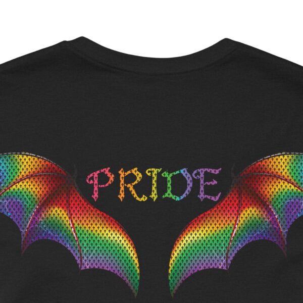 Front & Back Art - Goth Pride Vibes!🖤 🏳️‍🌈 🪽Rainbow gradient wings on the back, stacked "PRIDE" text on the front—this tee screams bold self-expression - Super Soft Premium T-shirt Bella+Canvas - Unisex Jersey Short Sleeve Tee - Image 4