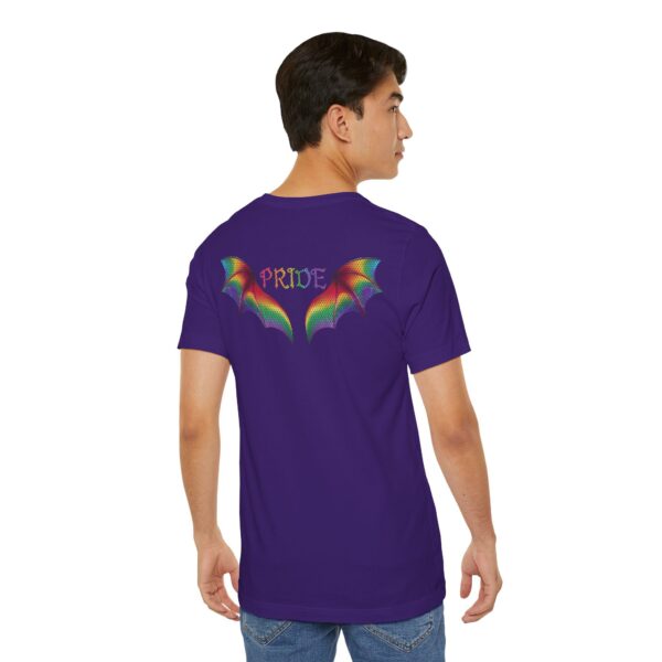 Front & Back Art - Goth Pride Vibes!🖤 🏳️‍🌈 🪽Rainbow gradient wings on the back, stacked "PRIDE" text on the front—this tee screams bold self-expression - Super Soft Premium T-shirt Bella+Canvas - Unisex Jersey Short Sleeve Tee - Image 14