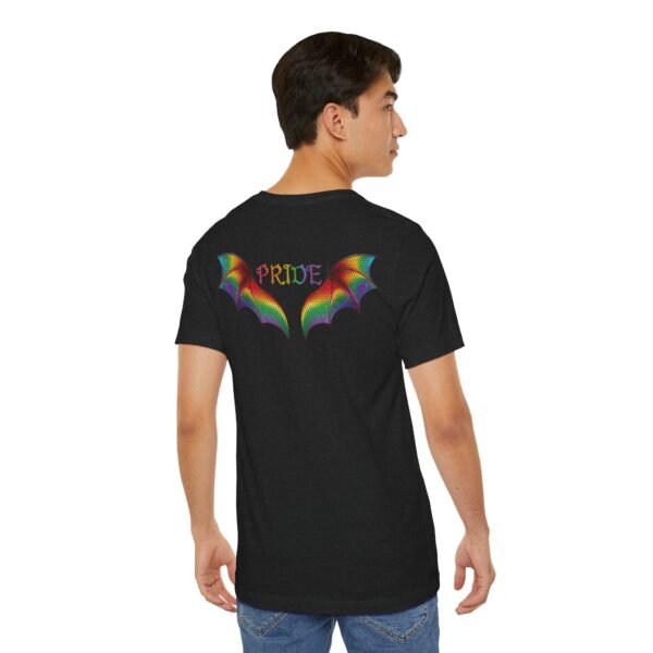 Front & Back Art - Goth Pride Vibes!🖤 🏳️‍🌈 🪽Rainbow gradient wings on the back, stacked "PRIDE" text on the front—this tee screams bold self-expression - Super Soft Premium T-shirt Bella+Canvas - Unisex Jersey Short Sleeve Tee - Image 6