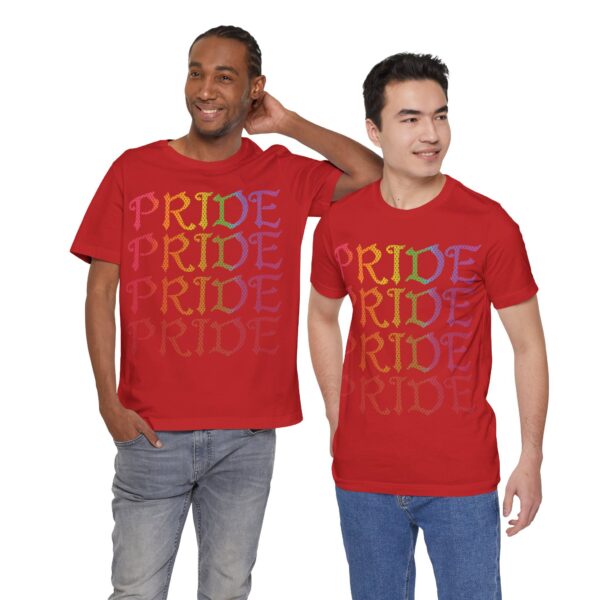 Front & Back Art - Goth Pride Vibes!🖤 🏳️‍🌈 🪽Rainbow gradient wings on the back, stacked "PRIDE" text on the front—this tee screams bold self-expression - Super Soft Premium T-shirt Bella+Canvas - Unisex Jersey Short Sleeve Tee - Image 27