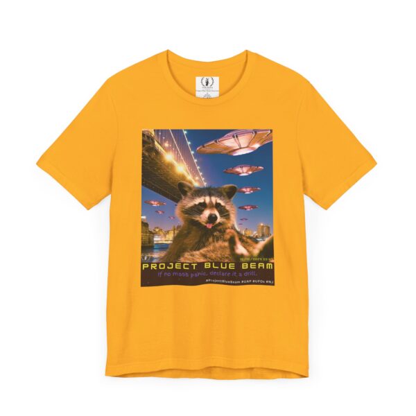 Project Blue Beam Raccoon (date + caption)🚀👽🦝 - Unisex Jersey Short Sleeve Tee - Image 4