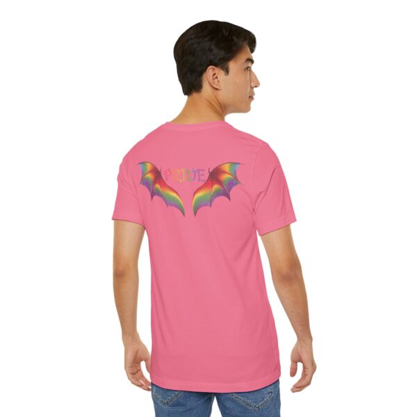 Front & Back Art - Goth Pride Vibes!🖤 🏳️‍🌈 🪽Rainbow gradient wings on the back, stacked "PRIDE" text on the front—this tee screams bold self-expression - Super Soft Premium T-shirt Bella+Canvas - Unisex Jersey Short Sleeve Tee - Image 20