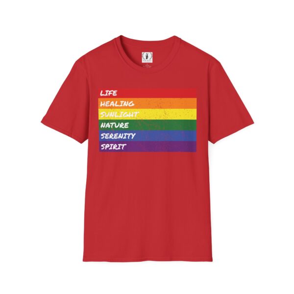 LGBTQ Flag Pride Design with Colors Meaning T-Shirt 🏳️‍🌈🌈🍭🏳️‍⚧️ -  | Distressed Rainbow Stripes Horizontal - Unisex Premium Gildan 64000 Softstyle T-Shirt - Image 7
