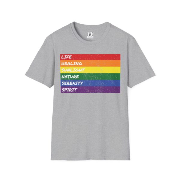 LGBTQ Flag Pride Design with Colors Meaning T-Shirt 🏳️‍🌈🌈🍭🏳️‍⚧️ -  | Distressed Rainbow Stripes Horizontal - Unisex Premium Gildan 64000 Softstyle T-Shirt - Image 10
