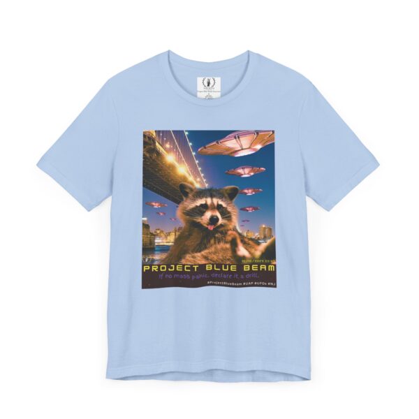 Project Blue Beam Raccoon (date + caption)🚀👽🦝 - Unisex Jersey Short Sleeve Tee - Image 6