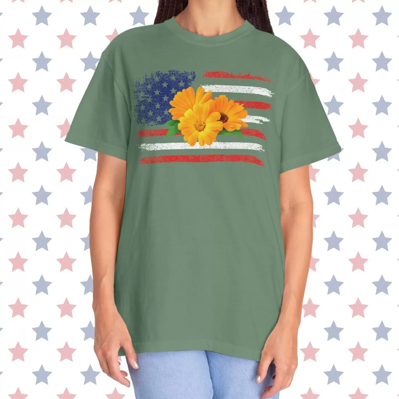 Flower Photo On Distressed USA Flag Premium T-Shirt 🇺🇸🌼💐🌸🪷🌺🌻 - Unisex Garment-Dyed T-shirt On Comfort Colors 1717 by Vox Nova Clothing