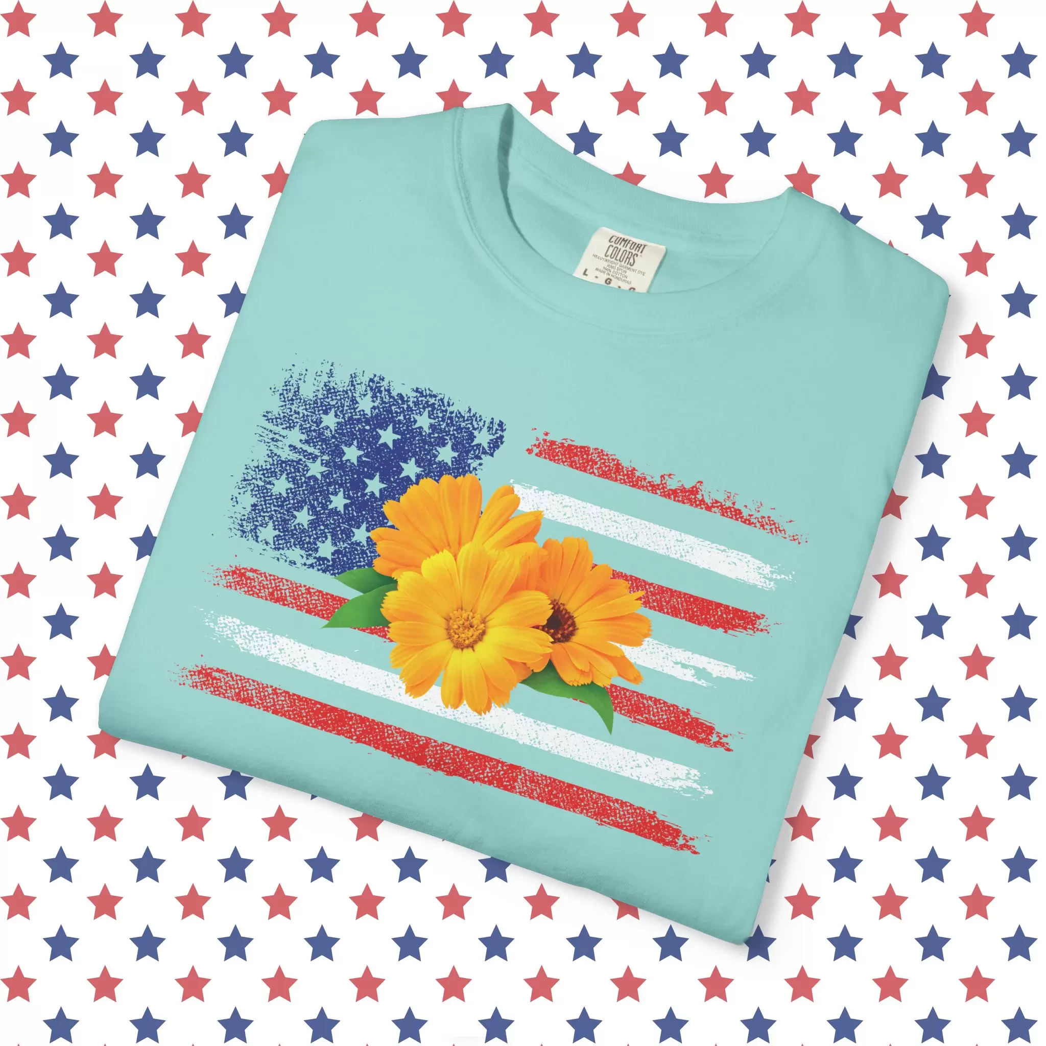 Flower Photo On Distressed USA Flag Premium T-Shirt 🇺🇸🌼💐🌸🪷🌺🌻 - Unisex Garment-Dyed T-shirt On Comfort Colors 1717 by Vox Nova Clothing