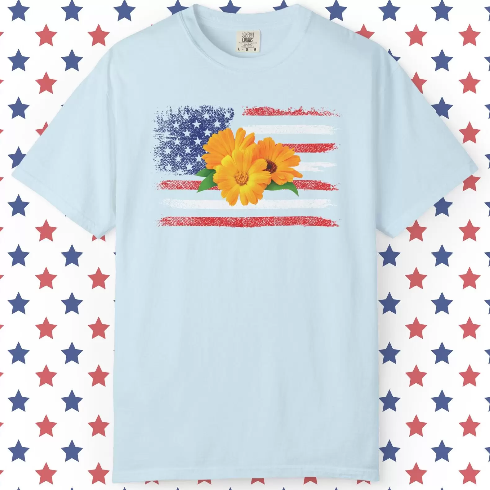 Flower Photo On Distressed USA Flag Premium T-Shirt 🇺🇸🌼💐🌸🪷🌺🌻 - Unisex Garment-Dyed T-shirt On Comfort Colors 1717 Chambray by Vox Nova Clothing