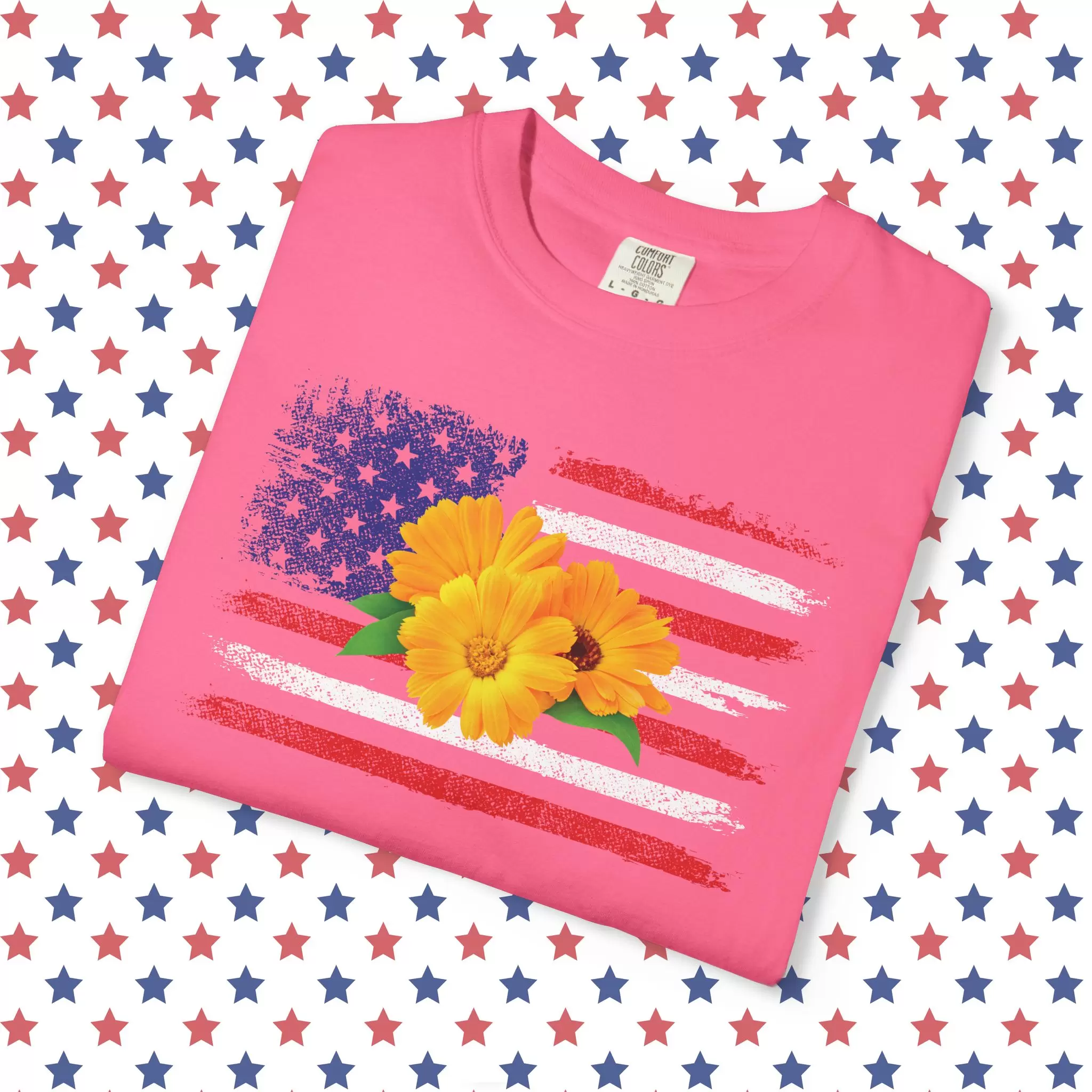 Flower Photo On Distressed USA Flag Premium T-Shirt 🇺🇸🌼💐🌸🪷🌺🌻 - Unisex Garment-Dyed T-shirt On Comfort Colors 1717 by Vox Nova Clothing