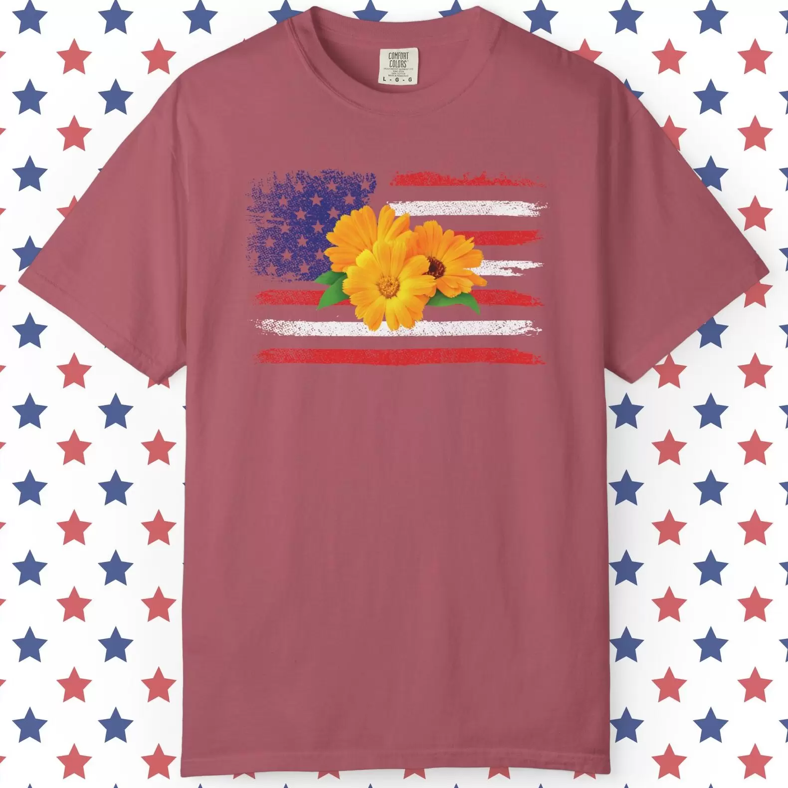 Flower Photo On Distressed USA Flag Premium T-Shirt 🇺🇸🌼💐🌸🪷🌺🌻 - Unisex Garment-Dyed T-shirt On Comfort Colors 1717 Crimson by Vox Nova Clothing
