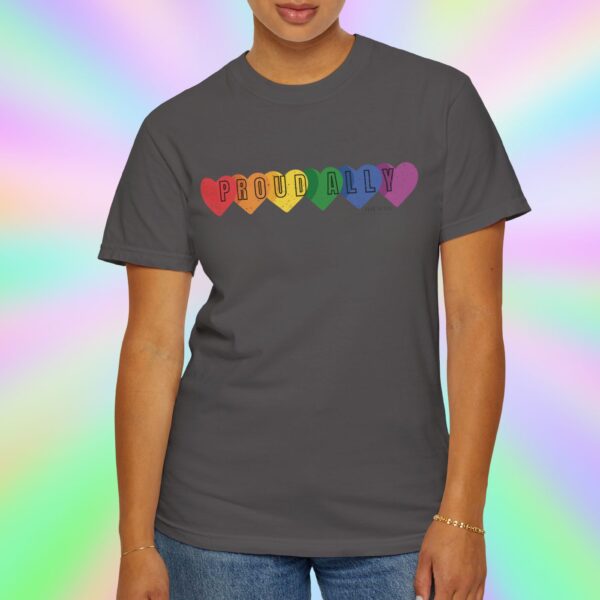 PROUD ALLY Premium Tee 🌈❤️🧡💛💚💙💜 Distressed Retro Look & Feel - Unisex Garment-Dyed T-shirt - Image 3
