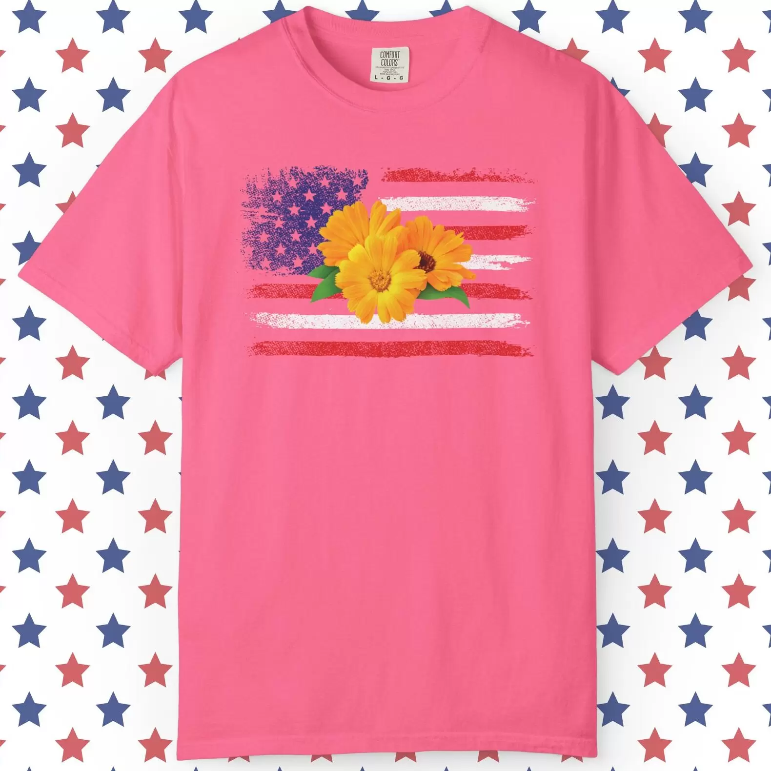 Flower Photo On Distressed USA Flag Premium T-Shirt 🇺🇸🌼💐🌸🪷🌺🌻 - Unisex Garment-Dyed T-shirt On Comfort Colors 1717 Crunchberry by Vox Nova Clothing