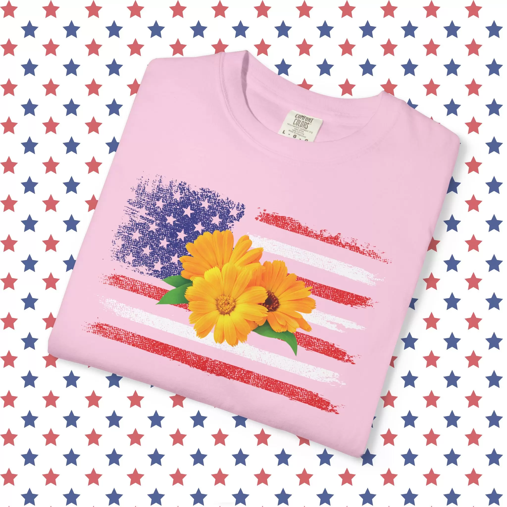 Flower Photo On Distressed USA Flag Premium T-Shirt 🇺🇸🌼💐🌸🪷🌺🌻 - Unisex Garment-Dyed T-shirt On Comfort Colors 1717 by Vox Nova Clothing