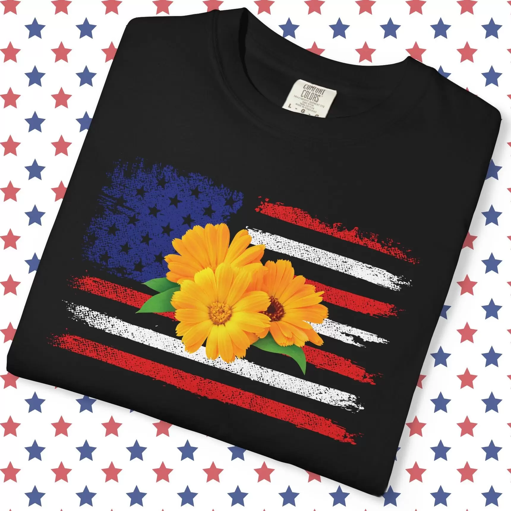 Flower Photo On Distressed USA Flag Premium T-Shirt 🇺🇸🌼💐🌸🪷🌺🌻 - Unisex Garment-Dyed T-shirt On Comfort Colors 1717 Black by Vox Nova Clothing