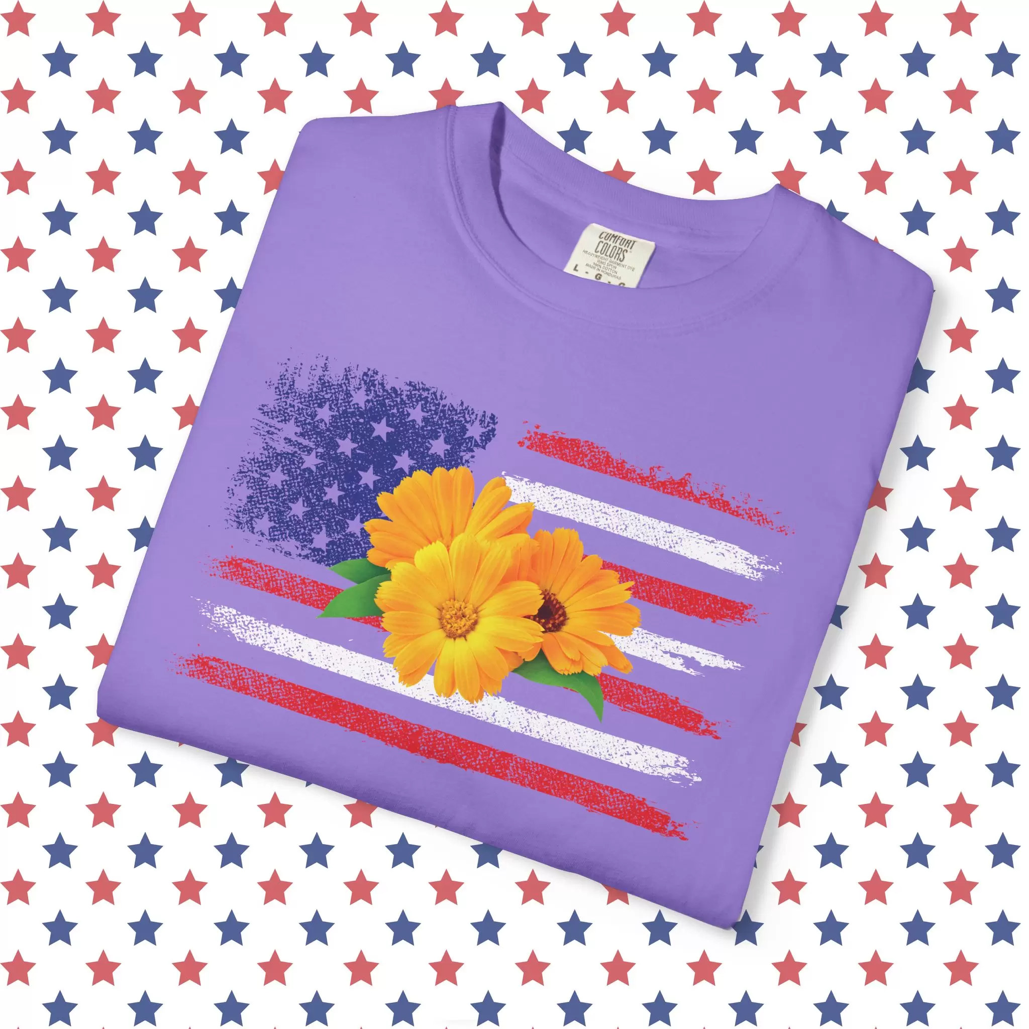 Flower Photo On Distressed USA Flag Premium T-Shirt 🇺🇸🌼💐🌸🪷🌺🌻 - Unisex Garment-Dyed T-shirt On Comfort Colors 1717 by Vox Nova Clothing
